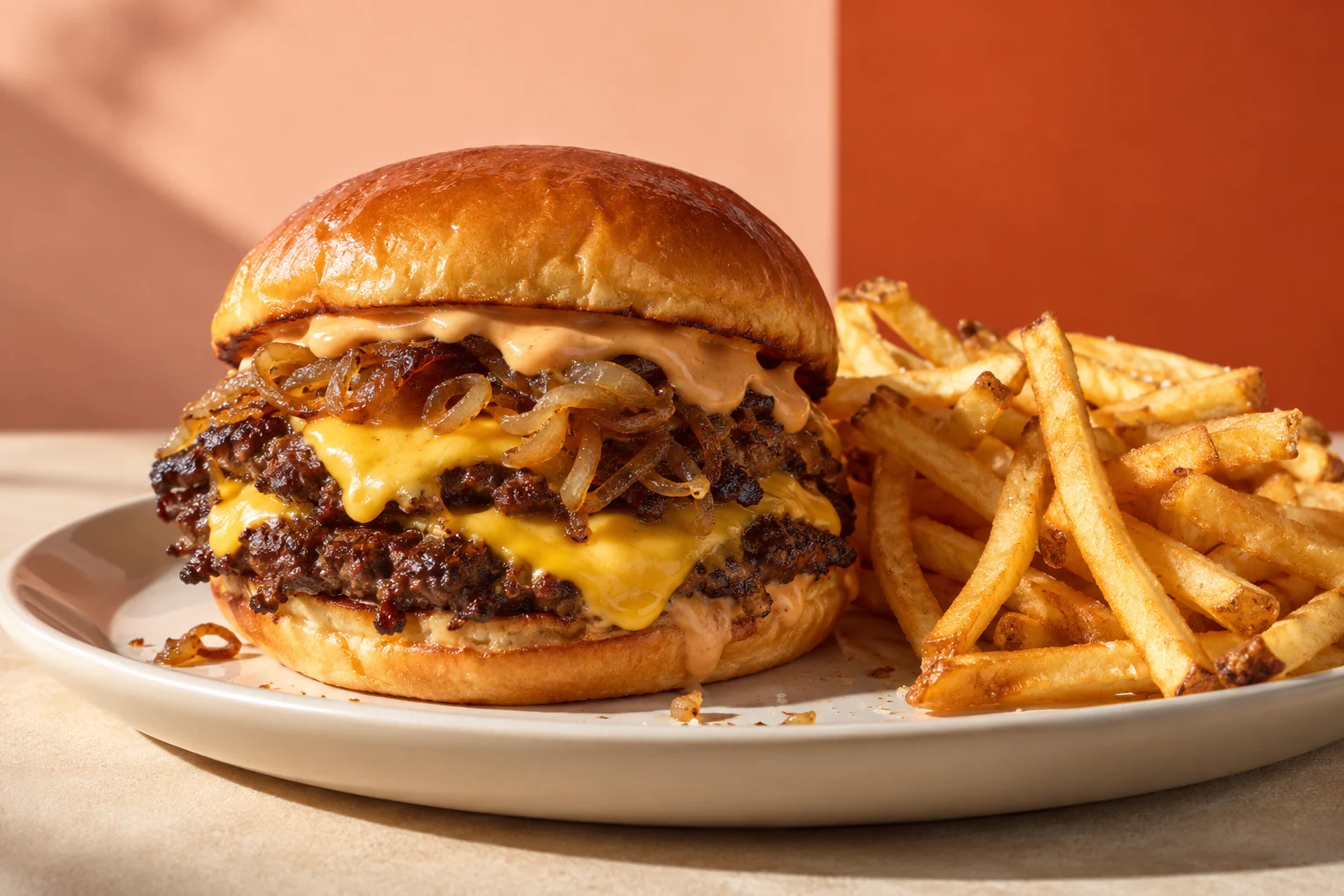 Illustrative double smash burger with cheese and fries