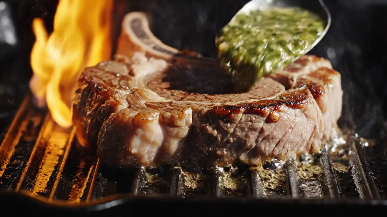 Cinematic close-up of a ribeye sizzling on the grill