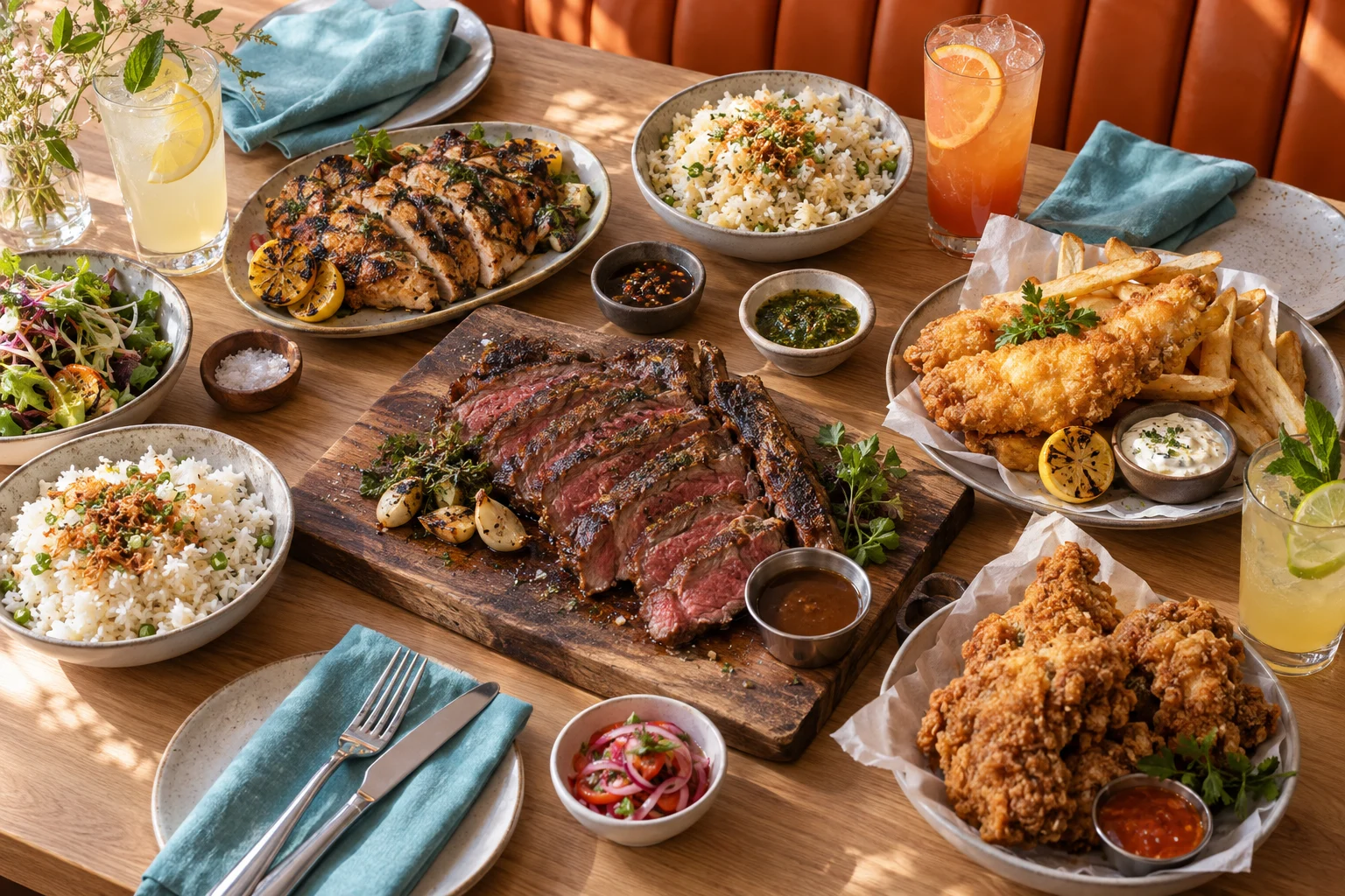 Editorial illustration of a sunny table filled with steak, chicken, fish and rice
