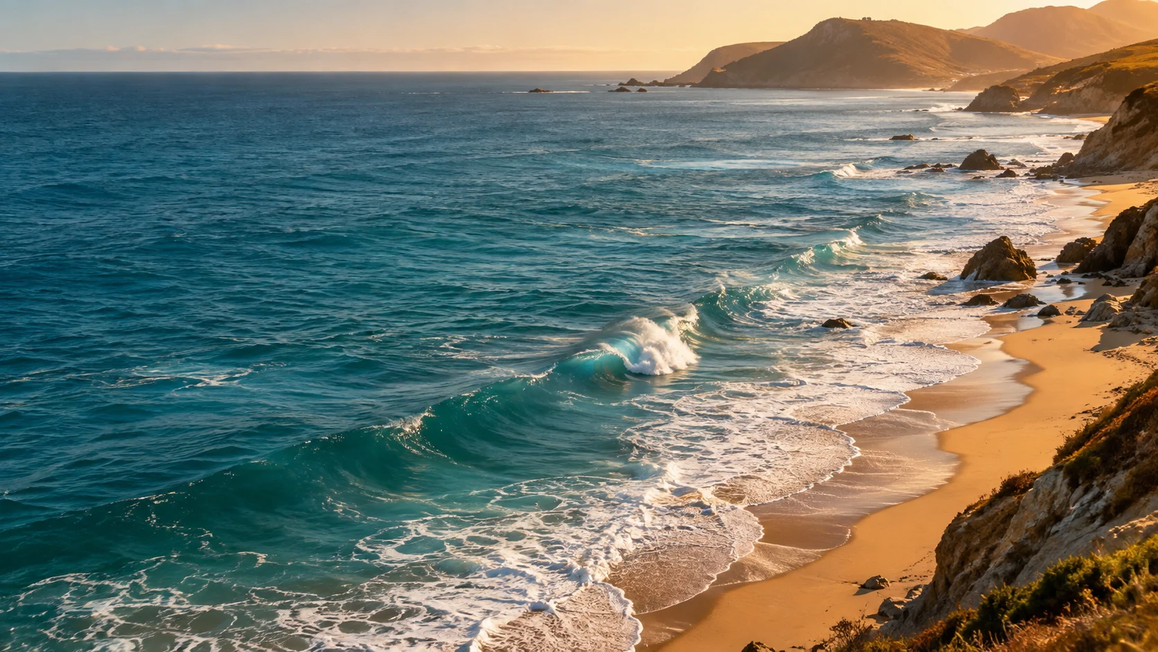 California-inspired Pacific coastline with turquoise waves and golden sand